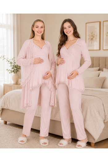 Pudra Dantelli Uzun Kollu Lohusa Hamile Pijama Takımı Sabahlık 33009